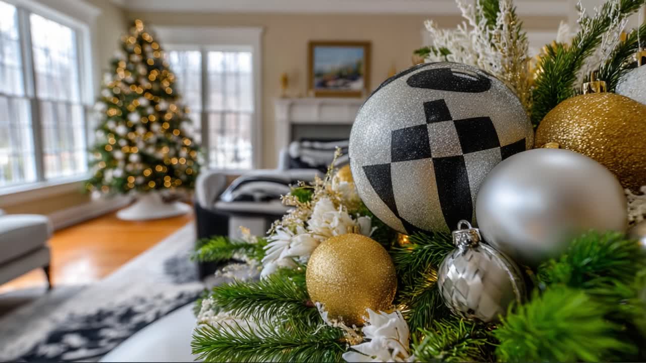 A Stunning Holiday Interior Decorated with Elegant Ornaments and a Brightly Lit Christmas Tree, Creating a Warm and Inviting Atmosphere for the Festive Season