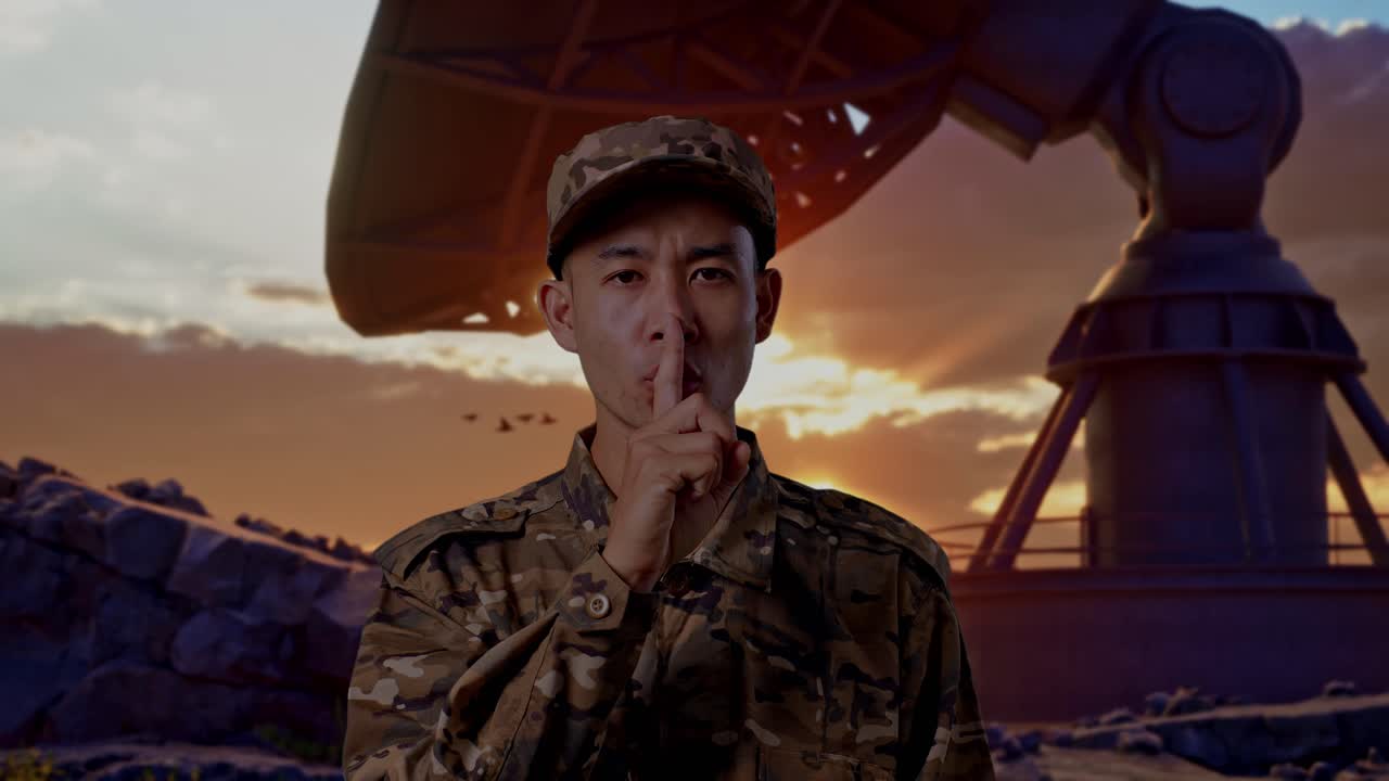 Close Up Of Asian Man Soldier Looking At Camera And Making Shh Gesture While Standing With Satellite Dish