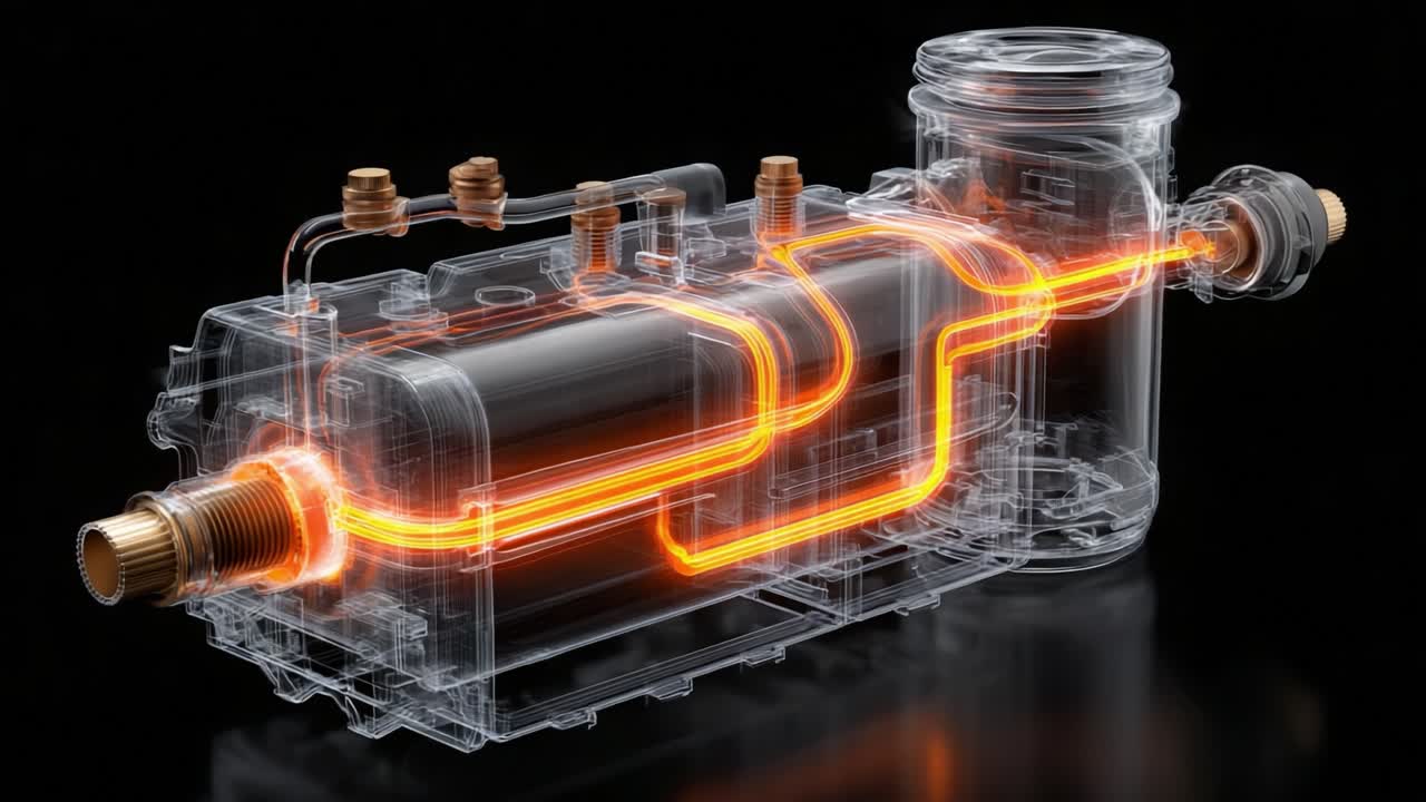A Detailed Exploration of an Abstract Industrial Component Showcasing Transparent Design and Inner Workings with Flowing Energy Pathways