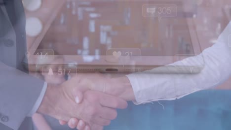 animation of businessman handshake over tablet