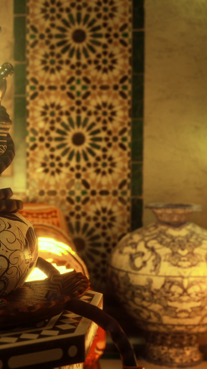 Decorative objects and tiles in a warm setting with intricate designs