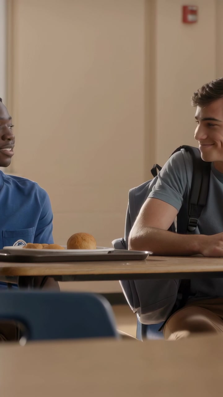 Vertical video: Opening mouth left teen talking to friend at school lunch table with tray roll