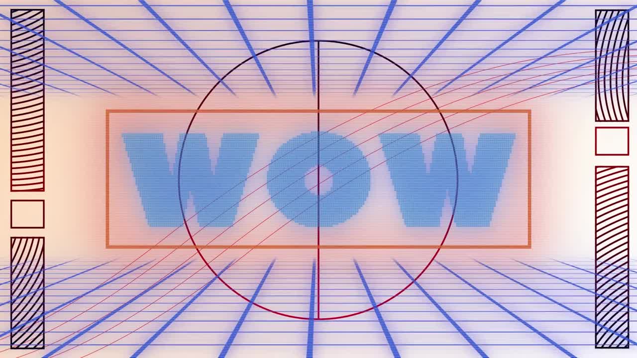 핑크색 배경에 대한 그리드 네트워크를 통해 와우 텍스트 배너와 추상적인 모양의 애니메이션