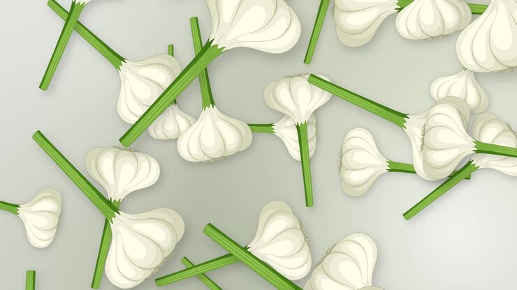 Stylized garlic bulbs with green stems fall and rotate against a soft gradient background.