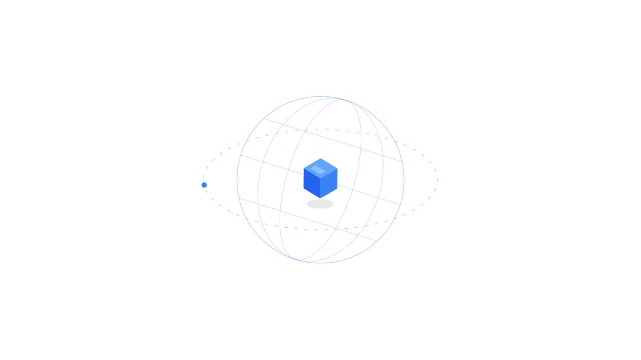 Animazione 3D minimalista di un cubo blu che ruota all'interno di una sfera wireframe