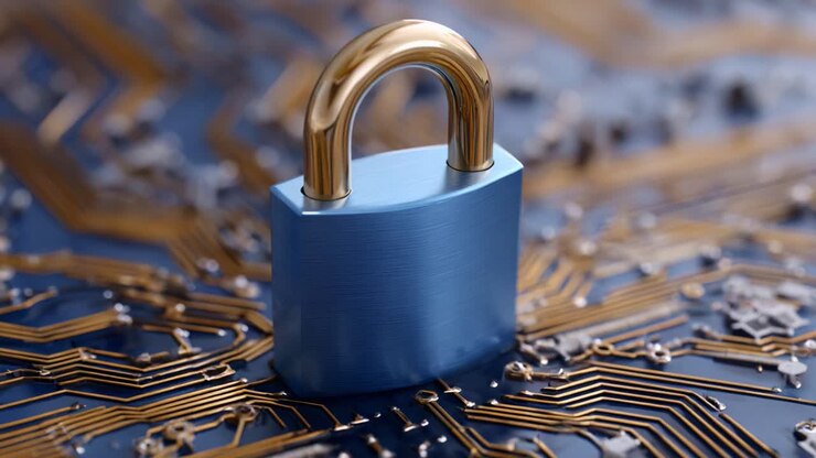 A Close-Up of a Shiny Blue Padlock Positioned on a Circuit Board Background, Symbolizing Security and Cyber Protection in Digital Technology