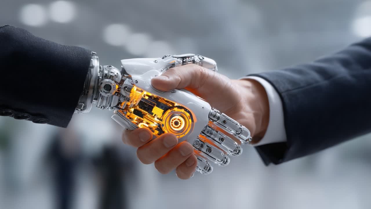 A Profound Moment: The Futuristic Connection Between Human and Machine as a Handshake Signifies Unity and Collaboration in an Advanced Technological Era