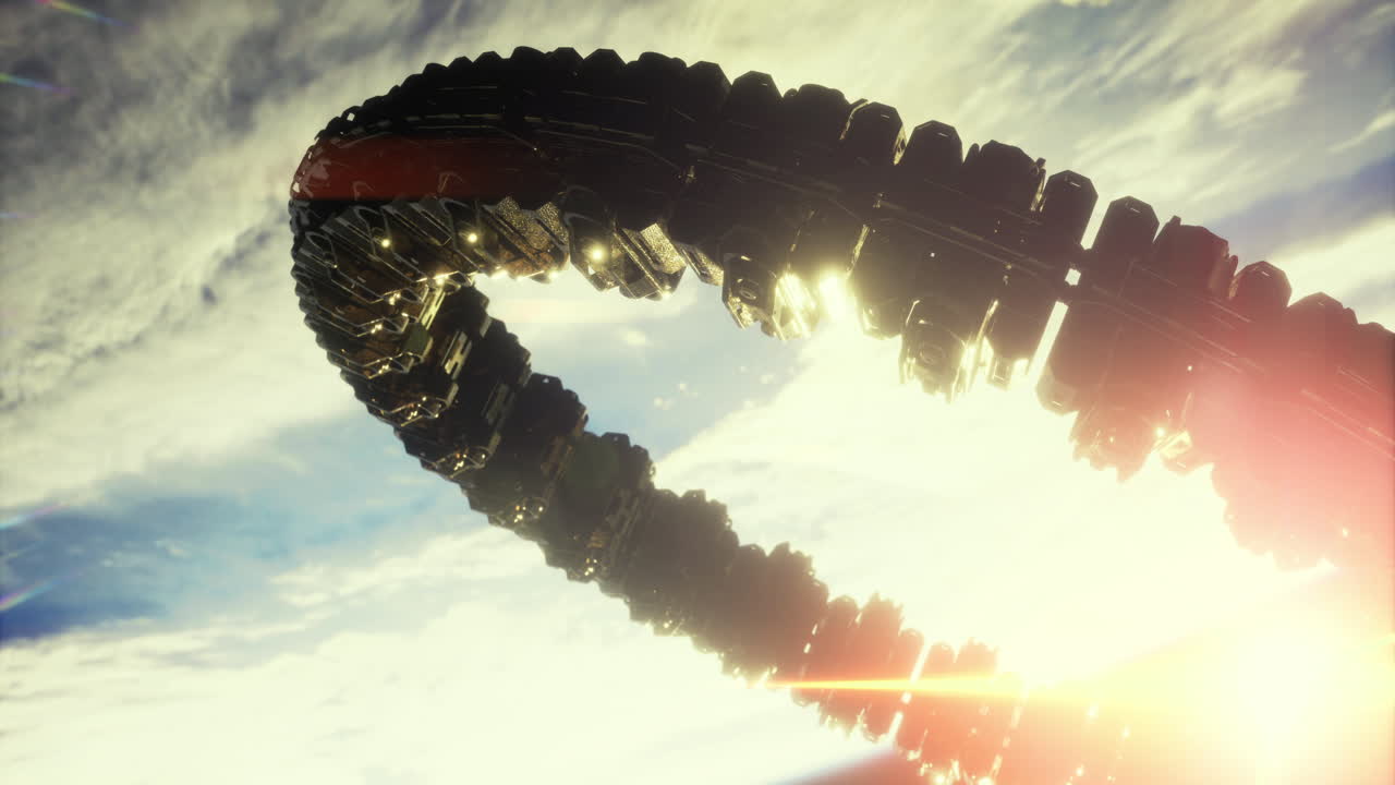 Futuristic ring structure glowing in sunlight against a bright sky