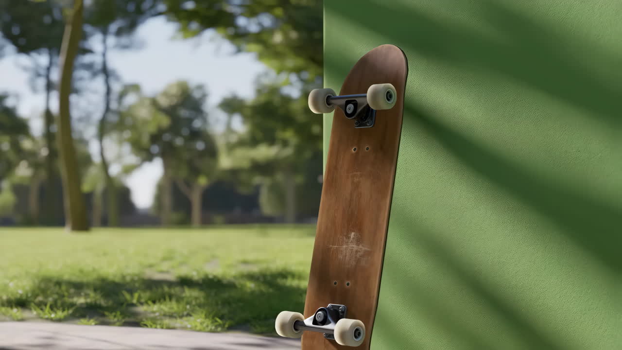 Skateboard leaning against a green wall in a park