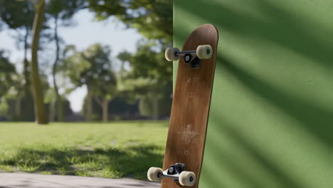 skateboard leaning against a green wall in a park
