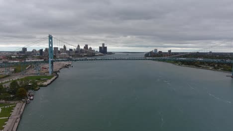 drone view of the detroit river in detroit, michigan