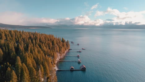 drone shot of a sunny morning on lake tahoe