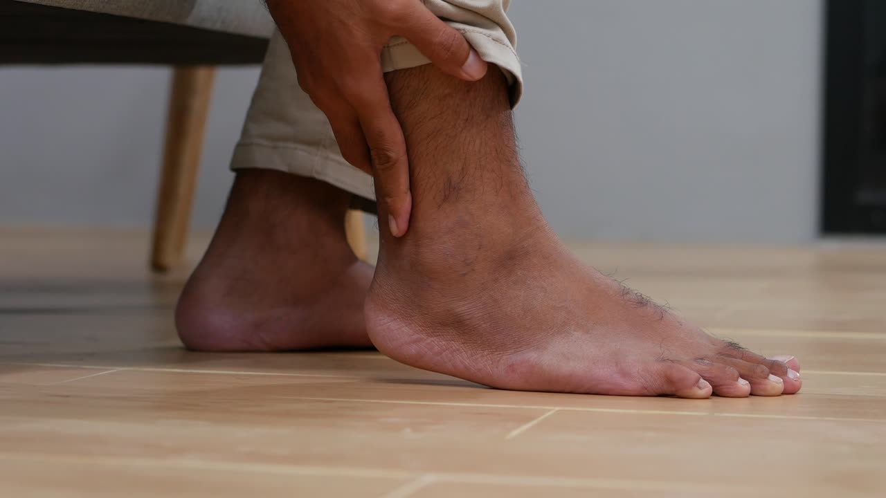 Close up Unrecognized Man's hand holding ankle, suffering from pain in ankle and foot