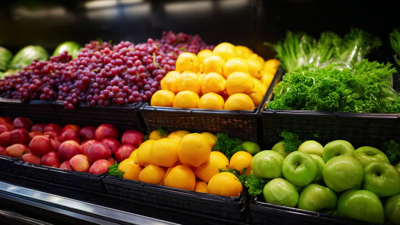 Farverig fremvisning af friske produkter med et sortiment af druer, saftige appelsiner, sprøde æbler og frodige grøntsager i en supermarkedssammenhæng, perfekt arrangeret for at lokke kunder, der søger sunde valgmuligheder