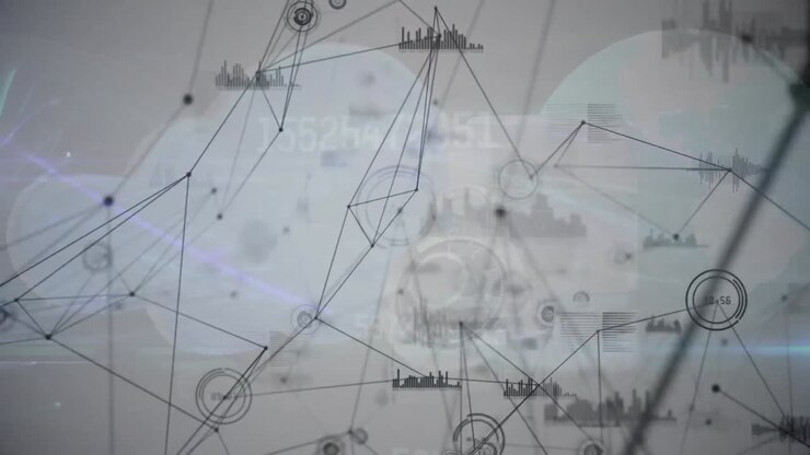 Animation of numbers, data processing and network of connections