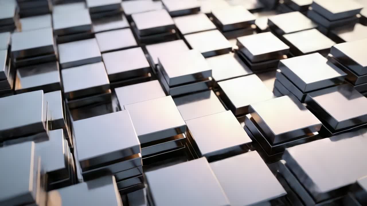 Panning camera revealing stacked reflective tiles shifting heights at studio, with warm highlights