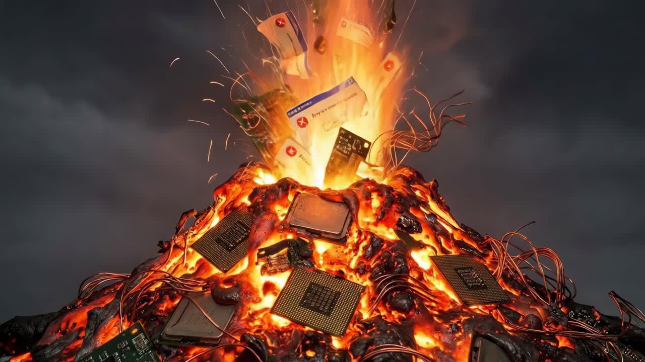 Explosion von Computerchips und Fehlermeldungen