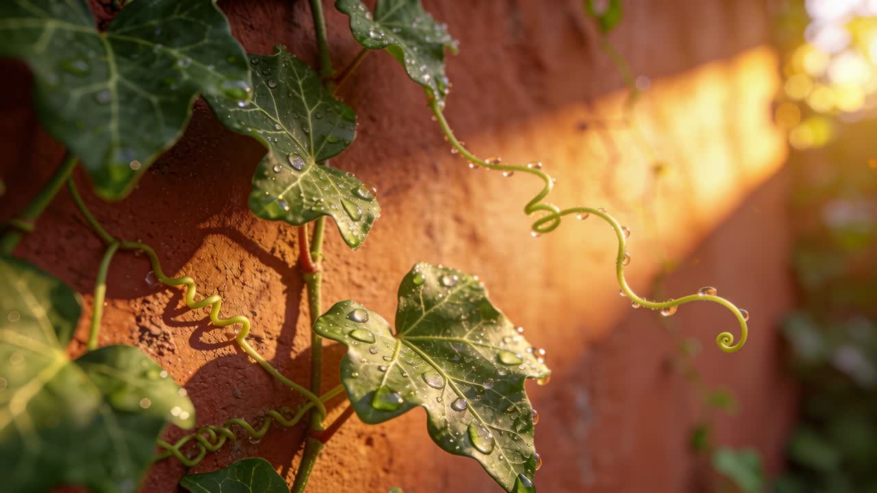 La luce solare che si sposta a destra illumina un gruppo di edera lucida su una parete di terracotta, mettendo in risalto le goccioline d'acqua