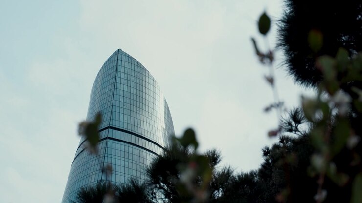 Vista cinematográfica ascendente del elegante rascacielos SOCAR Tower, enmarcado por una suave vegetación en primer plano contra un cielo nublado en el moderno Bakú, Azerbaiyán.