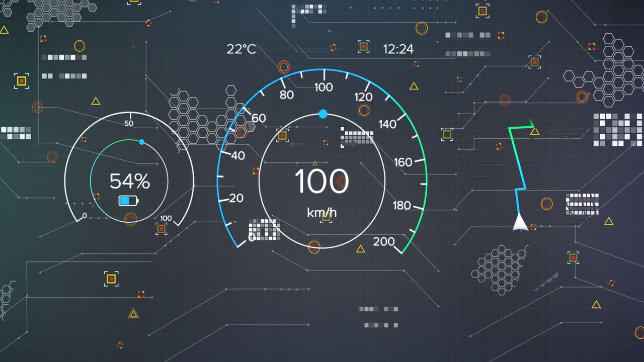 Animation of digital dashboard showing speedometer, temperature, and data indicators