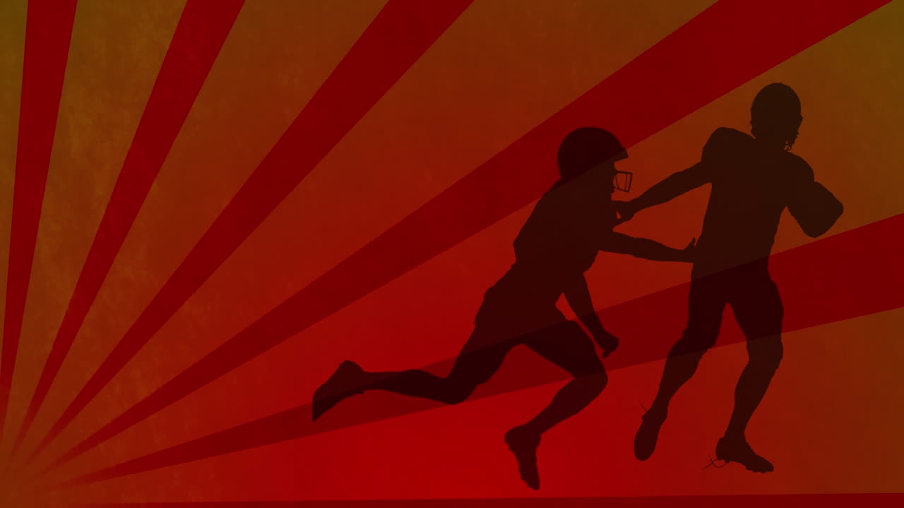 오렌지색 배경에 있는 모양 위의 아메리칸 볼 선수들의 실루 애니메이션