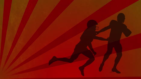 animación de jugadores de fútbol americano siluetas sobre formas en fondo naranja.