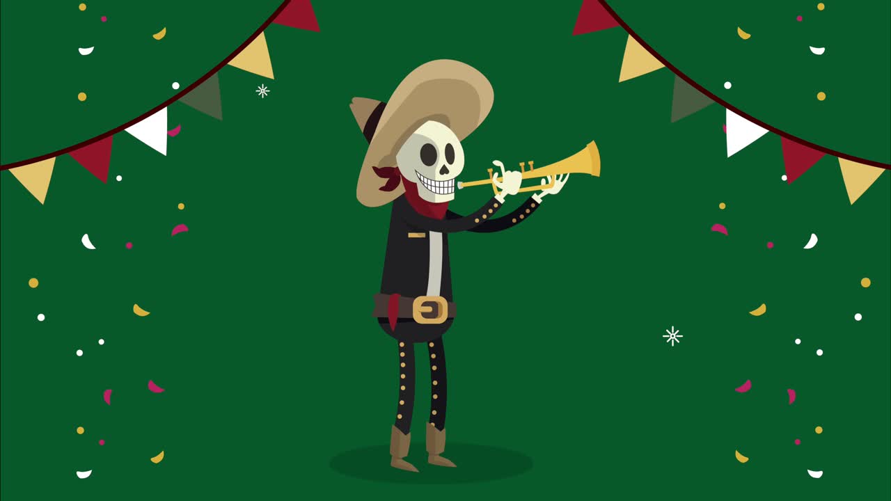 scheletro mariachi messicano che suona la tromba
