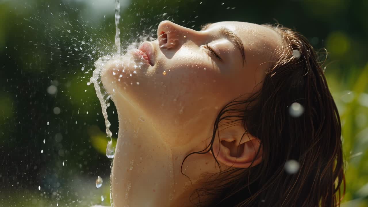 Donna che inclina la testa, lasciando che l'acqua che cade le scorra sul collo, rinfrescandosi in un giardino soleggiato, con un costume da bagno senza spalline.