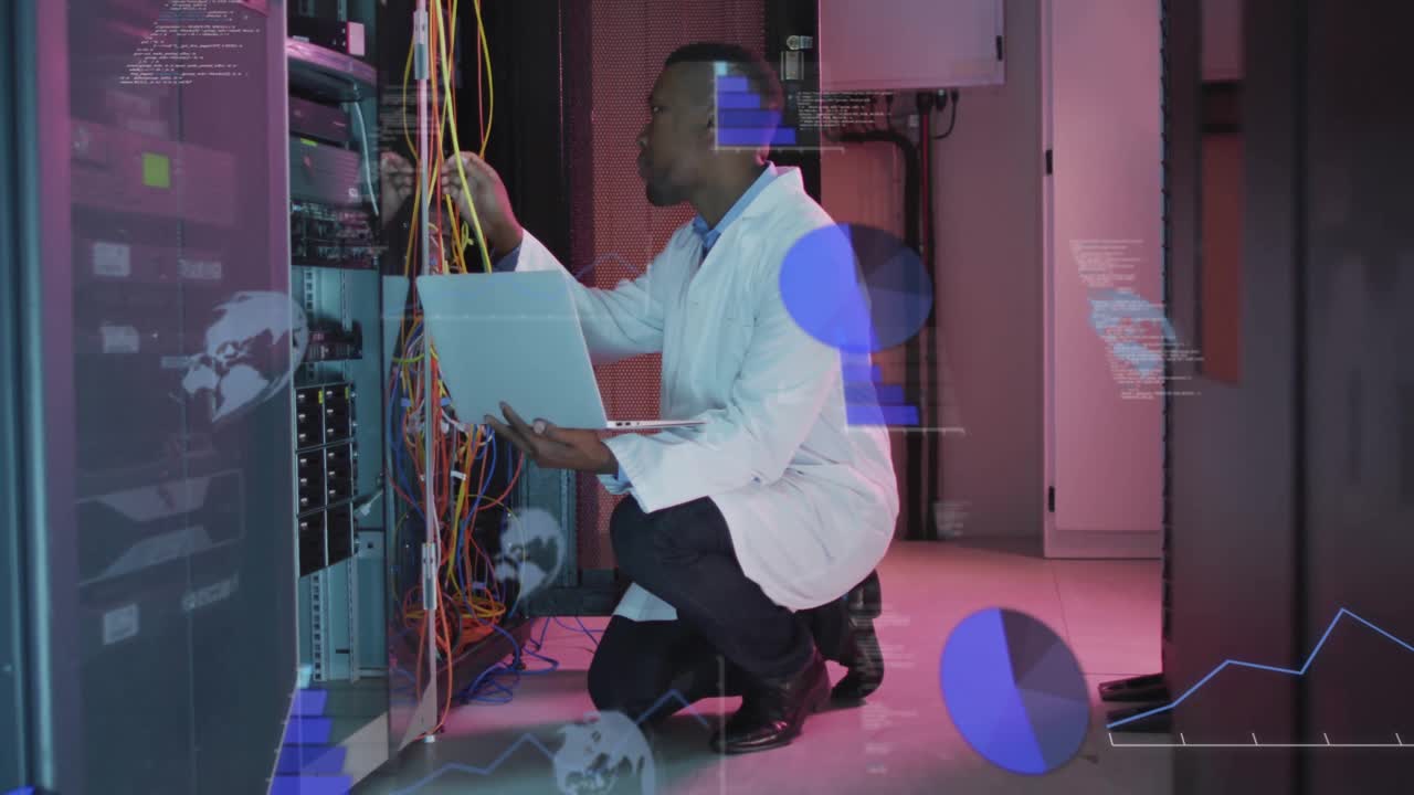 Network technician scrolling diagnostics, adjusting cables after graphs appearing over server rack