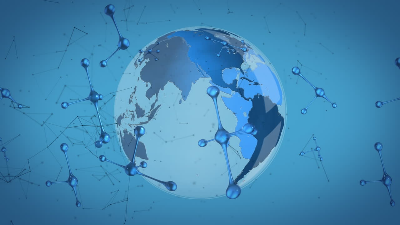 파란색 배경에 있는 지구상의 분자의 애니메이션