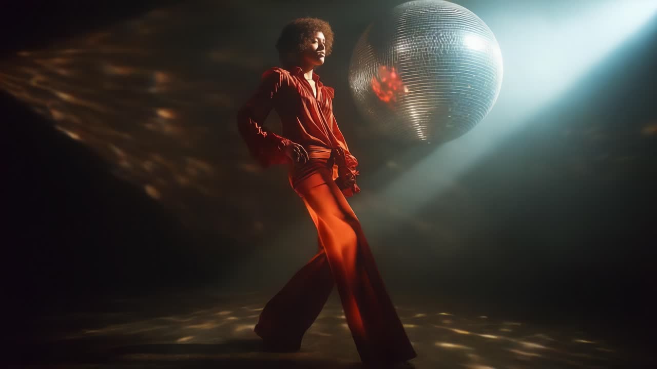 A mesmerizing dance scene featuring a stylish individual in a flowing red outfit illuminated by soft light, accentuated by a shimmering disco ball casting dazzling reflections across the space