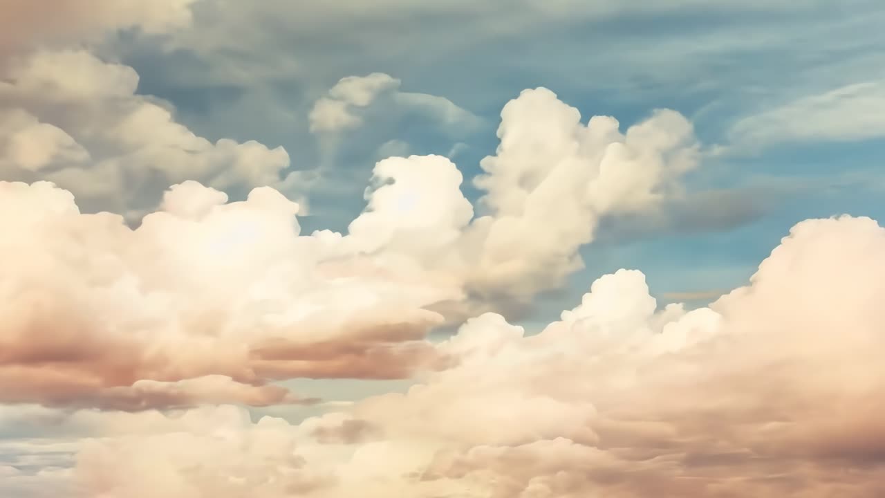 A serene video concept featuring a wide-angle view of fluffy clouds against a pastel sky