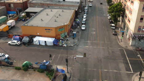 aerial view of homeless encampment on a city street
