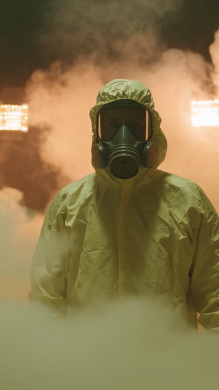 A figure clad in a protective suit and gas mask stands against a backdrop of fog and dramatic lighting, highlighting the intensity of the scenario and the need for safety precautions