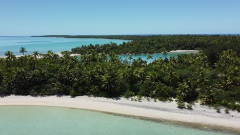 Tracking-aerial-shot-of-tropical-island-with-palm-trees-and-clear-water-with-blue-sky