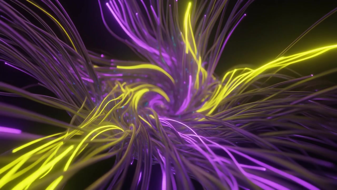 Animazione Astratta di Cavi in Fibra Ottica Luminosi Viola e Gialli