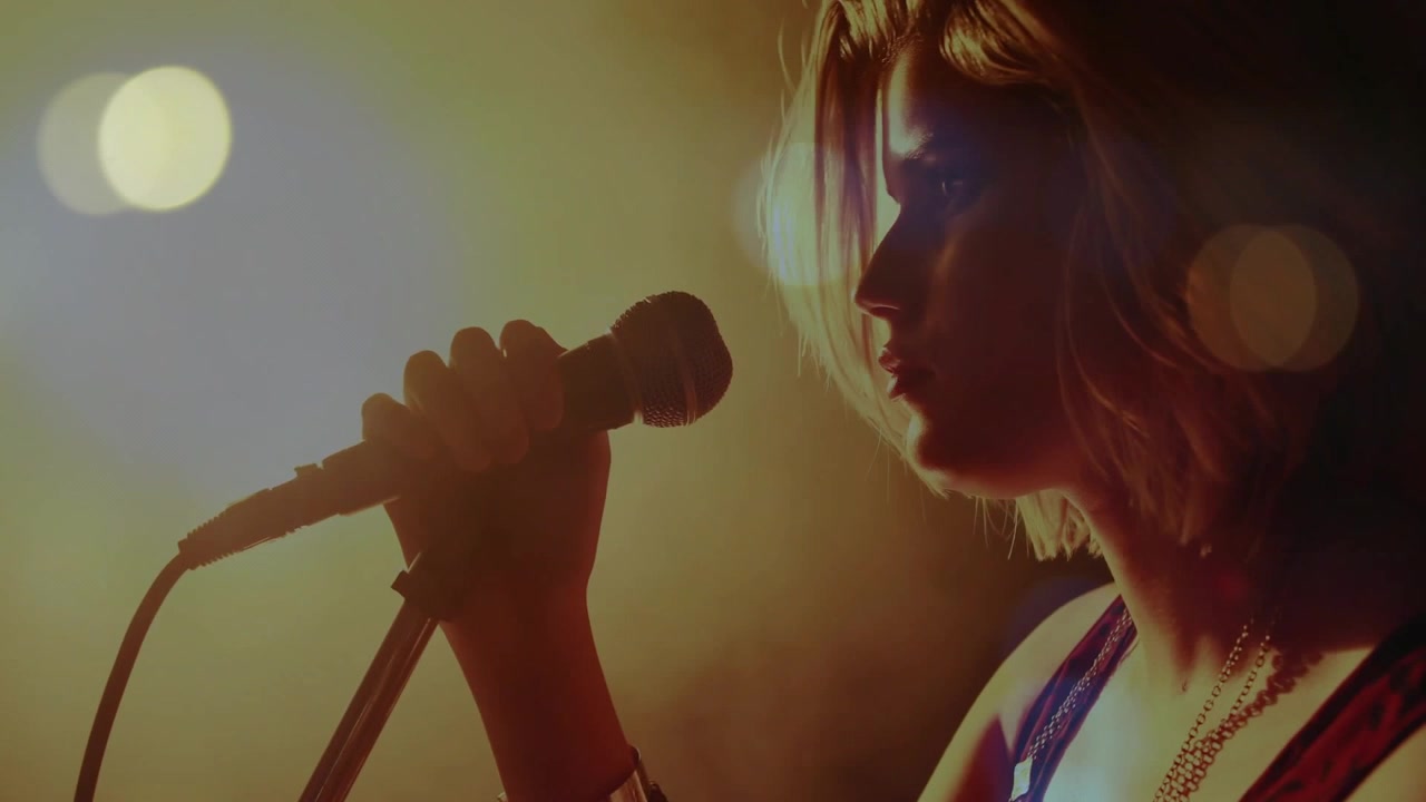 Singer gripping mic stand, lifting mic, starting music set, waveform pulsing around mic with flares