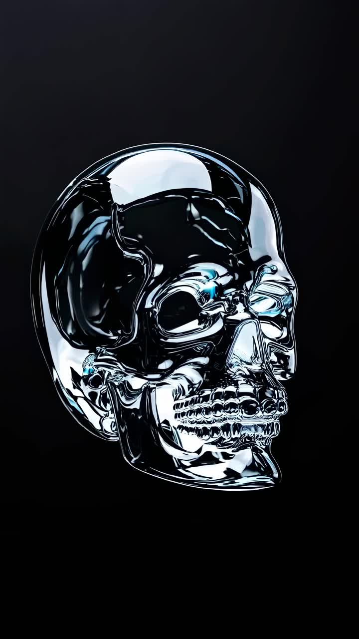A video still of a reflective glass skull, captured from a front angle