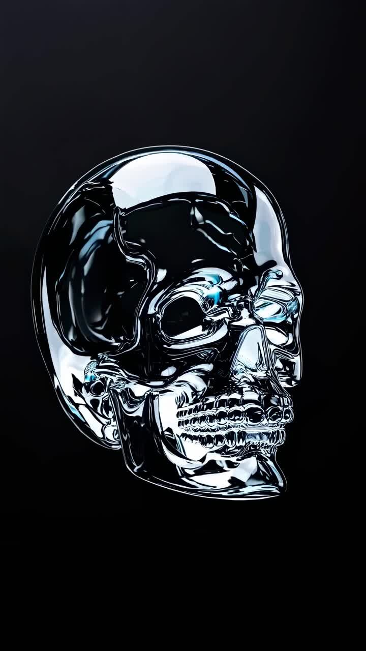 A video still of a reflective glass skull, captured from a front angle