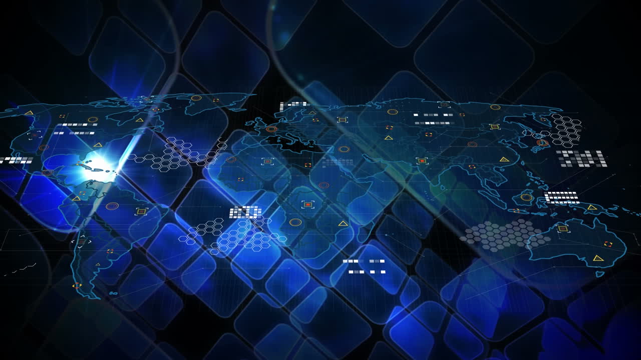 Animation of digital square shapes moving in loop and map with symbols and hexagons