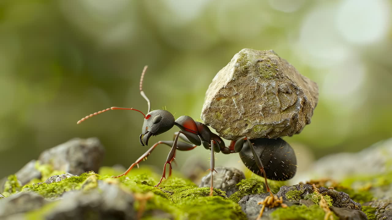 Ant climbing with a stone. An ant struggles to transport a heavy stone up a mossy surface in a vibrant, green outdoor setting