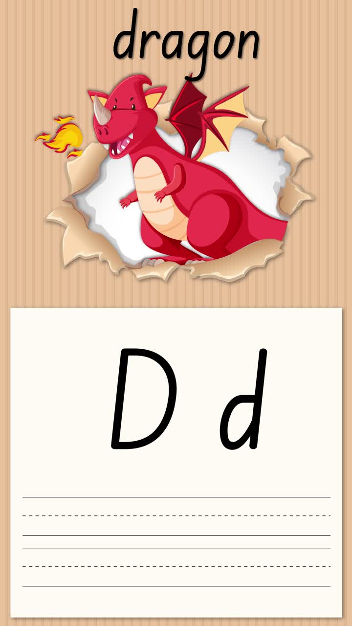 Video educativo animato insegna la scrittura della lettera D con un drago rosso su uno sfondo di carta verticale