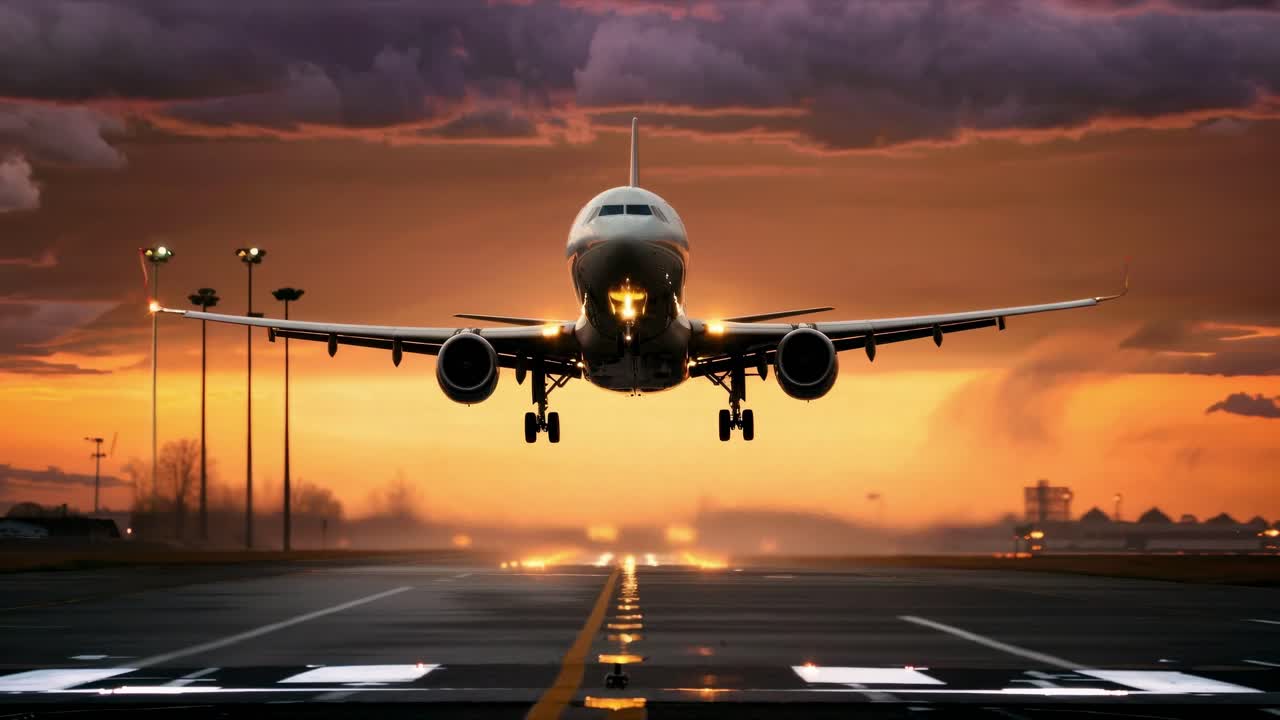 Dramatic low-angle shot of an airplane ascending against a stormy sky at sunset