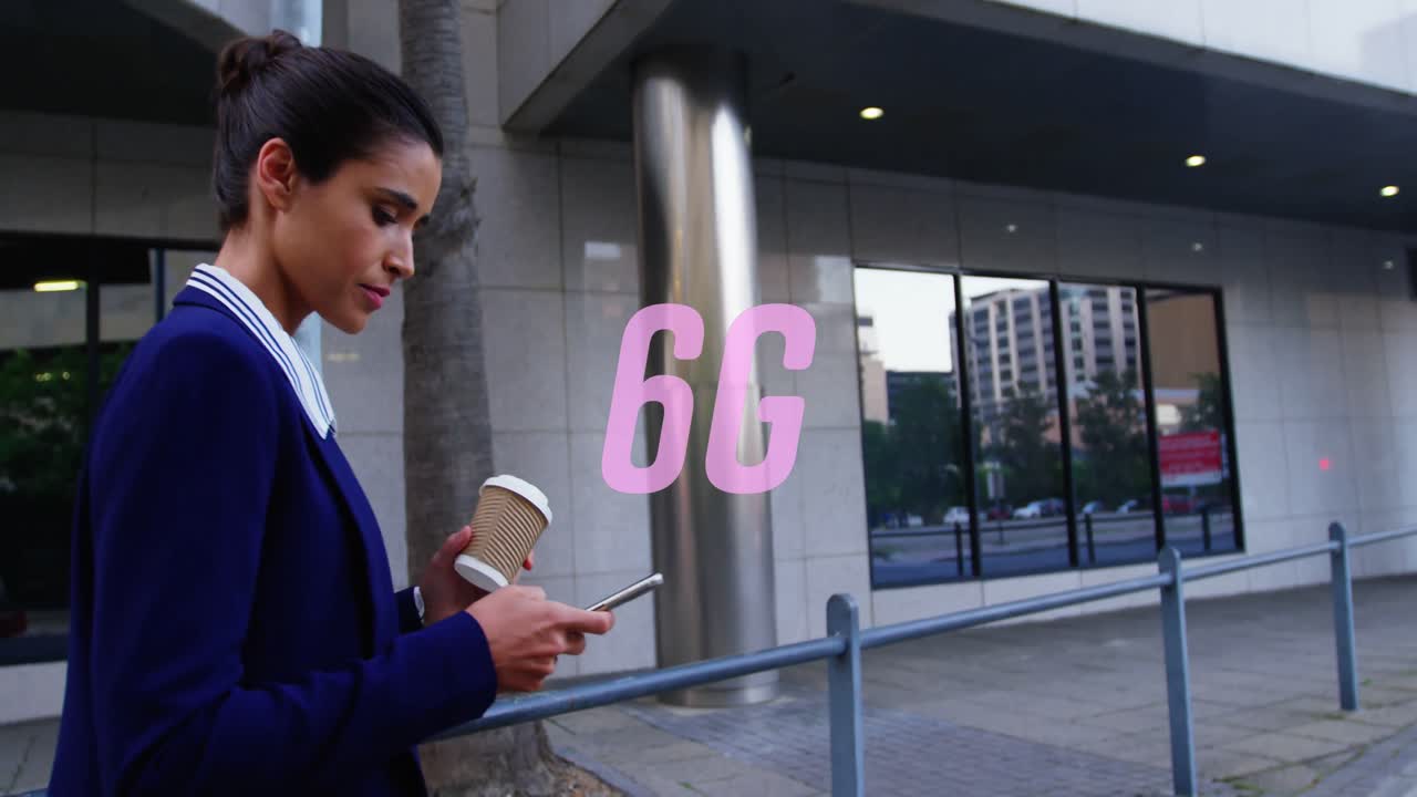 Animation of 6g text over biracial businesswoman using smartphone