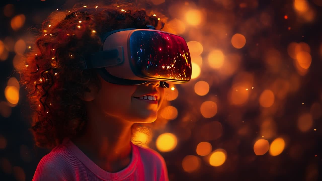 Child experiencing virtual reality fun. A joyful child engages with a virtual reality headset, immersed in a colorful and sparkling digital world at night.