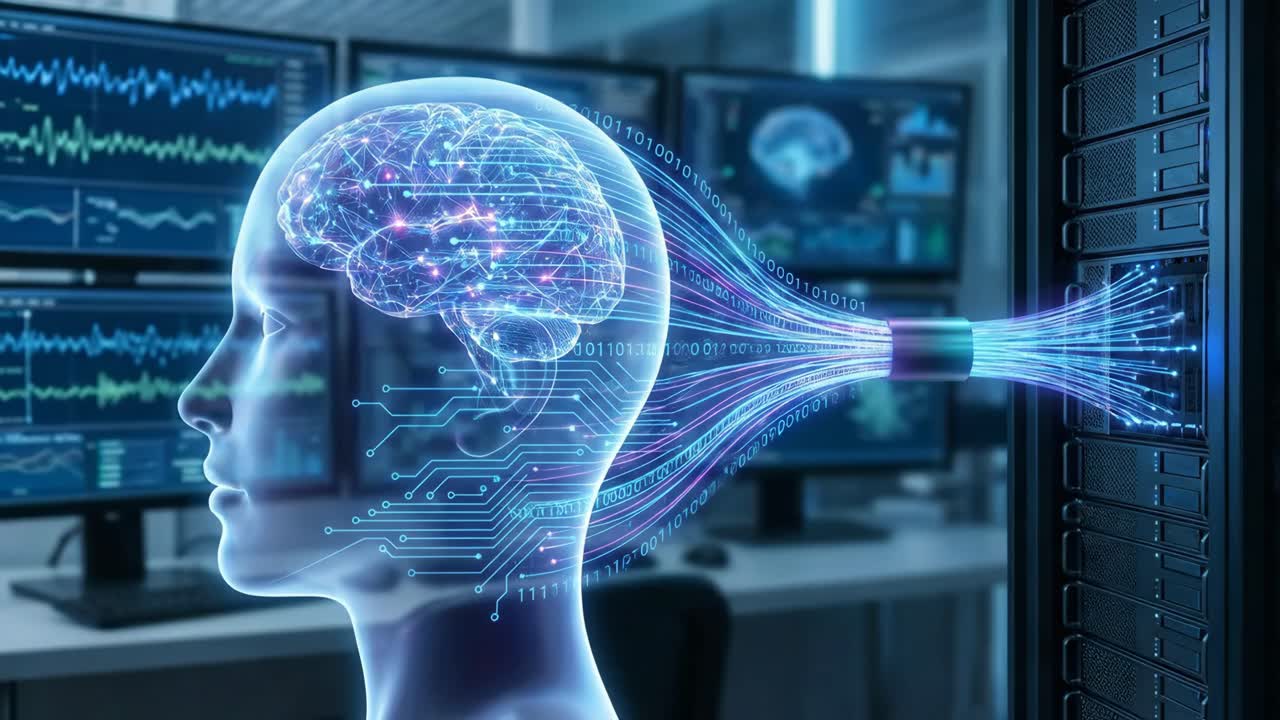 Digital Brain Connecting to Server Rack with Data Flow