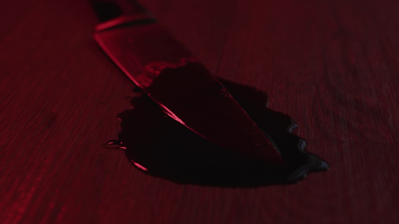 un cuchillo de cocina cubierto de sangre en un charco de sangre con luces de policía intermitentes en el fondo