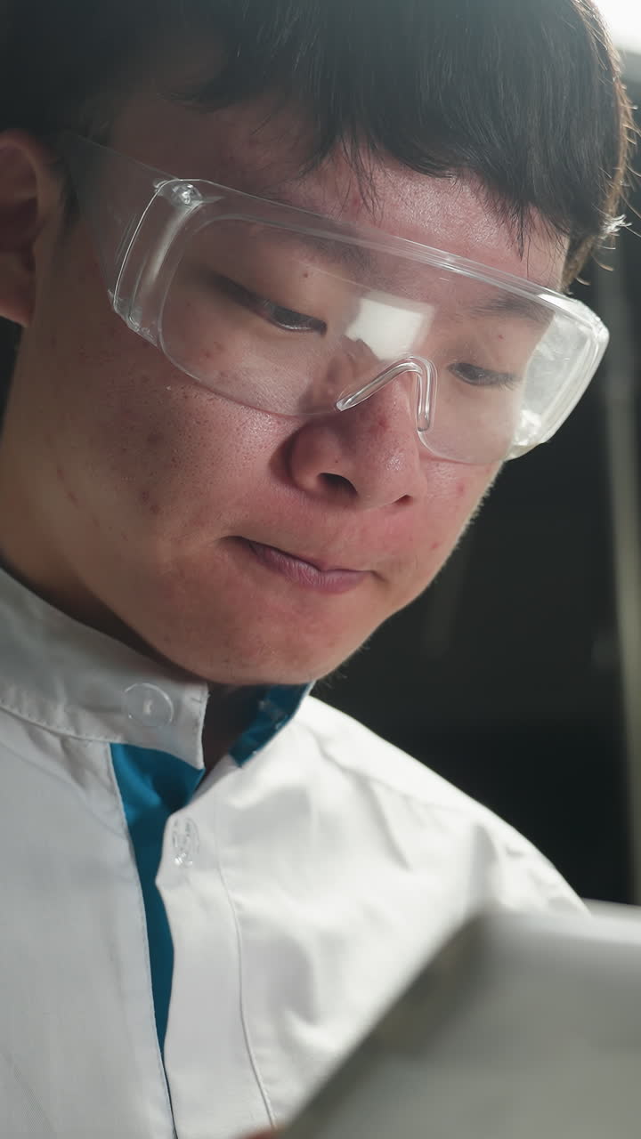 明るく照らされた自動車整備工場で、白い白衣を着て透明な安全メガネをかけた若い中国人学生が、タブレットに集中している。