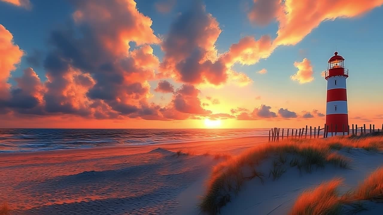 Beautiful sunset over coastal lighthouse. A vibrant sunset illuminates a coastal lighthouse, casting warm colors across the sand and ocean waves.