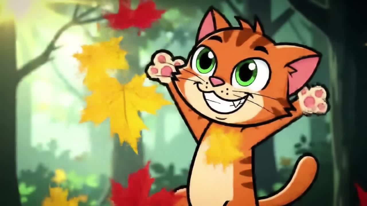 A playful animated cat joyfully tossing colorful autumn leaves in a whimsical forest setting, showcasing its mischievous charm and spirited personality throughout the vibrant scene.